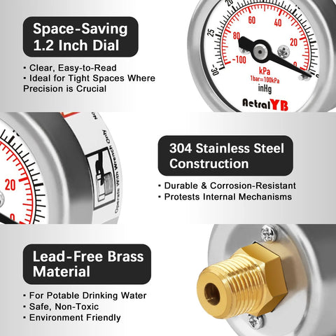 AetralYB mini vacuum pressure gauge, 1.2 in dial, stainless steel housing, brass internals, back-mount NPT 1/8"
