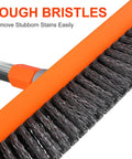 Close-up of Long Handle Deck Scrub Brush With Squeegee 2 In 1 Heavy Duty Floor Cleaning Scrubber With Stiff Bristles For Garage Concrete.