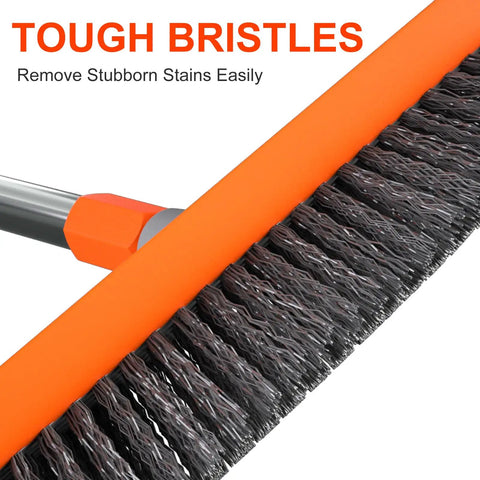 Close-up of Long Handle Deck Scrub Brush With Squeegee 2 In 1 Heavy Duty Floor Cleaning Scrubber With Stiff Bristles For Garage Concrete.