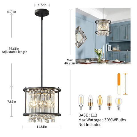 Dope Modern Black Crystal Chandelier For Foyer And Kitchen Island, Round Adjustable Height Pendant Light Fixture