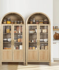 Arched Storage Cabinet With 2 Doors And 5 Tier Shelves 71 Inch Tall Wooden Pantry Organizer for kitchen, natural wood with clear panels.