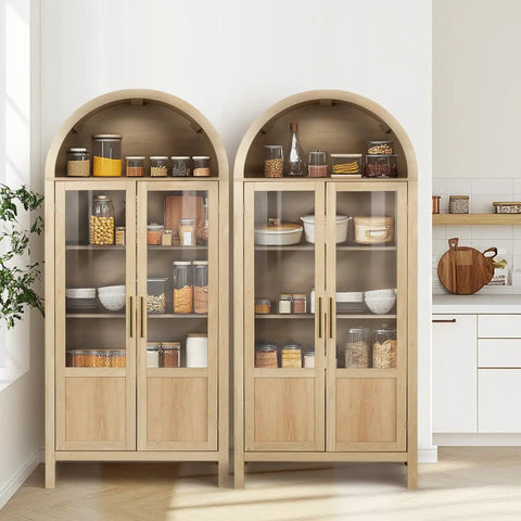 Arched Storage Cabinet With 2 Doors And 5 Tier Shelves 71 Inch Tall Wooden Pantry Organizer for kitchen, natural wood with clear panels.