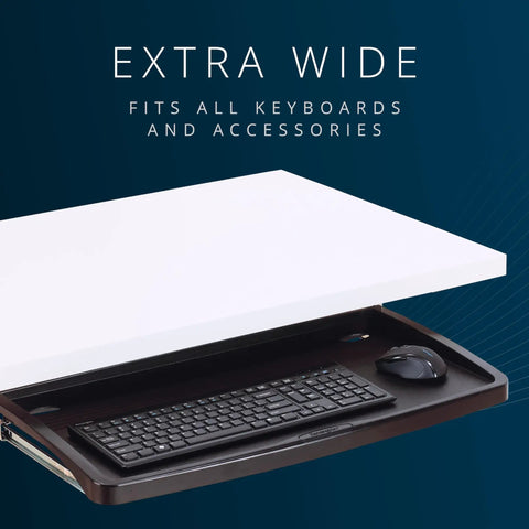 Slick Under Desk Keyboard Tray With Smooth Roll Slide Out Drawer Plus No Sweat Height Adjustments For Serious Typing Comfort And Built In Cable Clutter Control And Roomy Surface For Mice And Large Keyboards, featuring wide sliding drawer with keyboard and mouse.