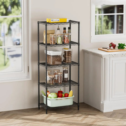 Beefy Five Tier Metal Wire Shelving Unit For Pantry And Garage Adjustable Shelves Up To 1000 Lbs Per Shelf With Stable Load Capacity 14 Inch Depth 24 Inch Width And 59.5 Inch Height in a pantry corner
