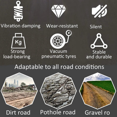 Features of Heavy Duty 10 Inch Pneumatic Swivel Casters 4 Pack showing versatility on dirt, pothole, and gravel roads.