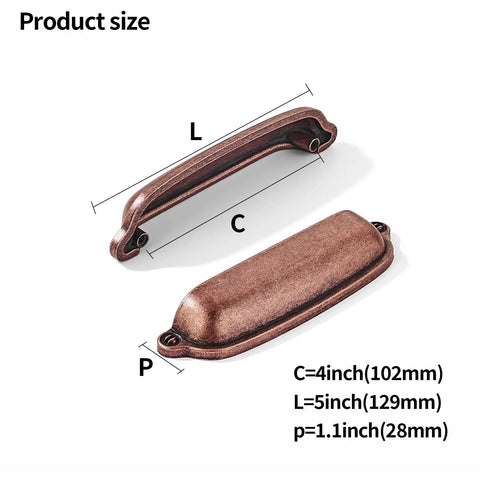 Product size dimensions of 10 Pack Antique Copper Cup Pulls 4 Inch Center To Center Zinc Alloy for kitchen drawers and cabinets.