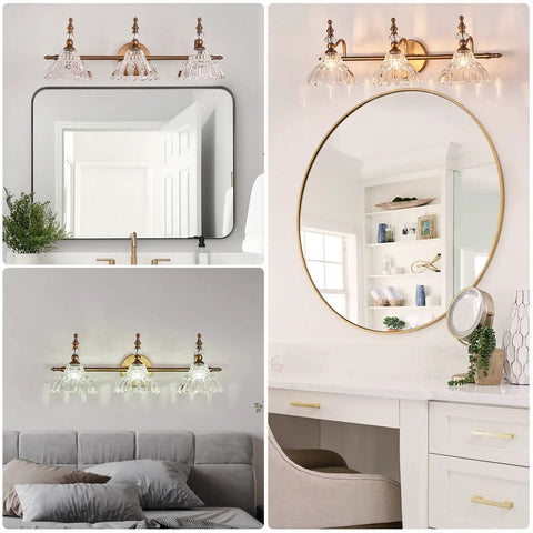 Matte Brass Vanity Light Over Mirror With Two Lights, Modern Wall Sconce For Bedroom Dressing Room Living Room, Flower Shaped Vanity Lighting Fixture, Bathroom Vanity Lighting, Lit Warm Glow in various room settings.