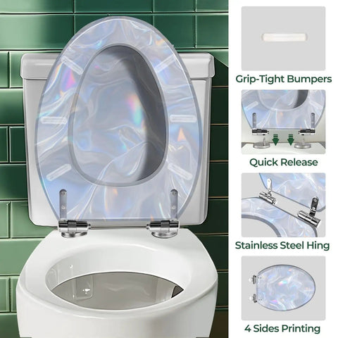 Elongated Resin Toilet Seat for Bathroom with stainless steel hinges and quick release feature, designed for easy installation.