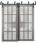Barn Style Bypass Sliding Doors With Frosted Glass And Solid Wood, 56x96 Inches, Black Finish, Hardware Included