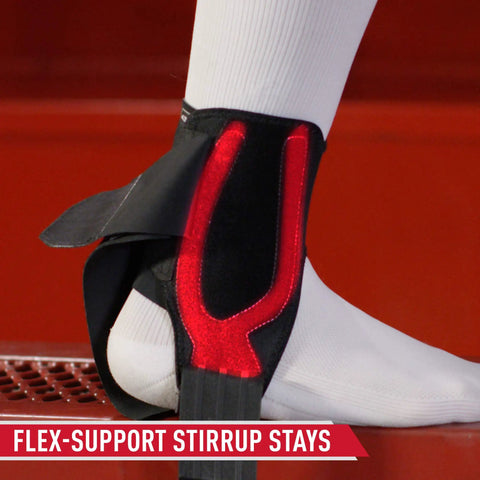 Close-up of Stealth Lace-Free Ankle Brace with flex-support stays, lightweight design for left or right ankles, red and black color.