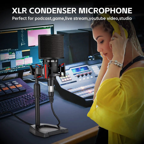 XLR Podcast Microphone Professional Cardioid Condenser Mic Kit with Desktop Stand in recording studio with person using headphones