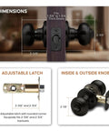 Privacy Interior Door Knob Set 2 Pack With Turn Button Lock Reversible For Bedroom Bathroom Closets ANSI Grade 3 Certified Matte Black Easy Install dimensions and components.