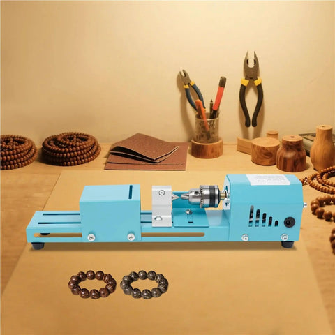 Mini Metal Wood Lathe Machine Corded Electric Compact Desktop Milling Tool For Small-Leaf Rosewood Craft Projects with wooden bead rings.
