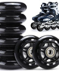 8 Pack 76mm 84A Inline Skate Wheels With ABEC 7 Bearings Replacement Roller Skates For Boys And Girls Black Durable Dope Ride Smooth Grippy Feel On Concrete And Indoor Floors Great For Beginners And Pros Alike, shown stacked with skates.