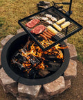 Adjustable Swivel Grill Grate For Open Fire Cooking With Spike Pole Steel Mesh Wire Grate over campfire with food grilling