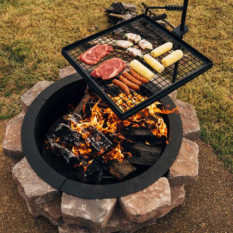 Adjustable Swivel Grill Grate For Open Fire Cooking With Spike Pole Steel Mesh Wire Grate over campfire with food grilling