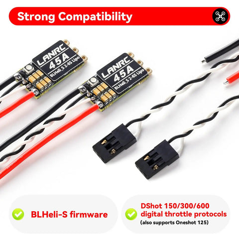 Set Of Four 45A Brushless ESCs For 2S To 6S LiPo with BLHeliS, DShot 150 300 600, and RGB LED; ultra compact, ideal for FPV quads