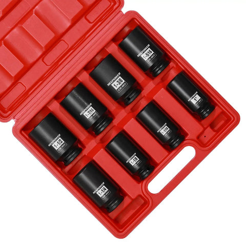 7 Piece 1/2 Inch Drive Deep Impact Socket Set 6-Point CR-MO Drop Forged With Black Phosphate Finish Sizes 1-3/8 to 1-3/4