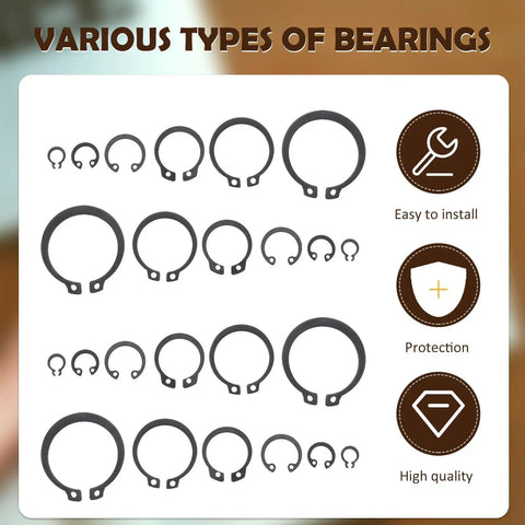 Pro Grade 225 Piece Carbon Steel C Shape External Snap Ring Kit For Industrial Shafts And Mechanical Assembly displayed