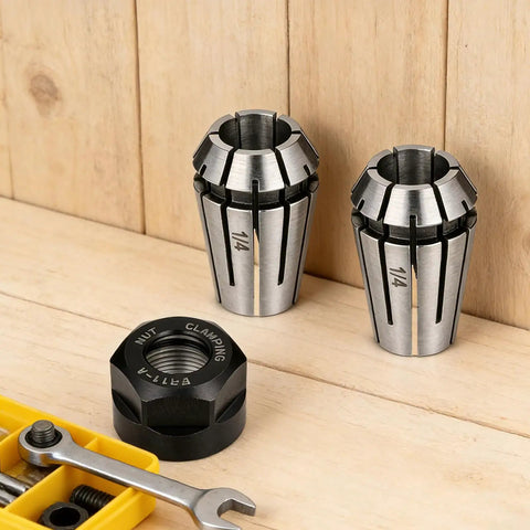 ER11 Spring Collet Set 1/4 Inch CNC Lathe Milling Tool Chucks with Clamping Nut on wooden background