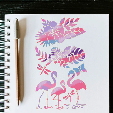 Heavy Duty Metal Flamingo And Butterfly Cutting Template Four By Seven Inches on paper with colorful designs and pencil