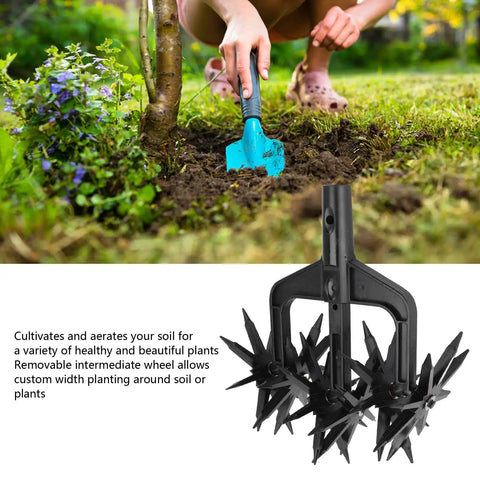 Heavy Duty Garden Rotary Cultivator And Soil Scarifier tool shown with long spikes for soil aeration and mixing
