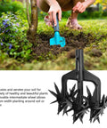 Gardener using spade near tree; Stainless Steel Hand Rotary Tiller for Garden with Adjustable Tines shown below.