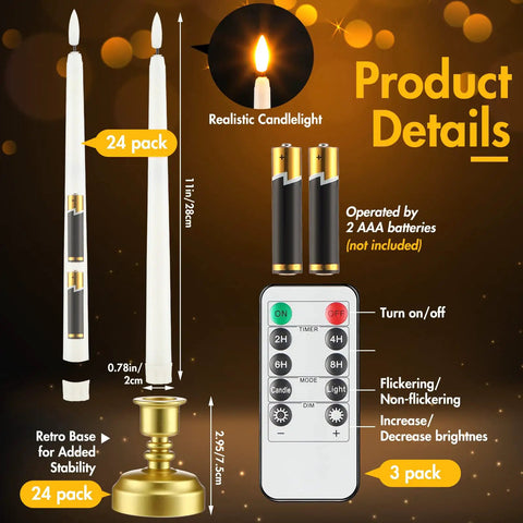 24 Pack Flameless Taper Candles With Remote Control And Timer Realistic 3D Flickering LED Flame White Tapers With Gold Bases