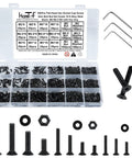900 Piece Flat Head Hex Socket Cap Screws Kit With Nuts Washers And Hex Wrench M2 M2.5 M3 Fully Threaded Allen Machine Screws 10.9 Grade Alloy Steel Black Oxide Finish Built Tough in plastic organizer box with hex wrenches and components displayed in front.