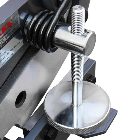 Close-up of heavy duty metal shear for sheet metal cutting