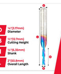 Spektra Extreme Tool Life Coated Spiral Down Cut Router Bits One Eighth Inch Diameter One Half Inch Cutting Height One Quarter Inch Shank Two Inch Long Two Pack For Laminate And Melamine Built Tough For Pro Jobs Made In USA, detailed dimensions shown