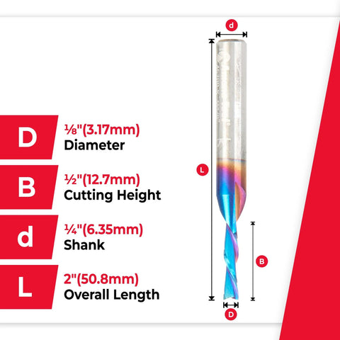 Spektra Extreme Tool Life Coated Spiral Down Cut Router Bits One Eighth Inch Diameter One Half Inch Cutting Height One Quarter Inch Shank Two Inch Long Two Pack For Laminate And Melamine Built Tough For Pro Jobs Made In USA, detailed dimensions shown