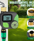 Easy To Use Programmable Sprinkler Timer For Garden Hose With Brass Inlet And Outlet, brass hardware details, lawn background