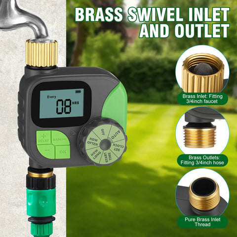 Easy To Use Programmable Sprinkler Timer For Garden Hose With Brass Inlet And Outlet, brass hardware details, lawn background