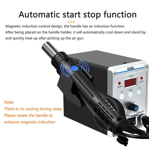 2 In 1 Digital Soldering Station with Hot Air Rework Tool and Soldering Iron, showing start-stop function and iron handle