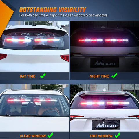 17 Inch 2 In 1 LED Traffic Advisor Warning Light Bar Red And White For Police Cars First Responders And Construction Vehicles Directing Traffic And Hazard Alerts On Roadways installed on SUV rear window, day and night view