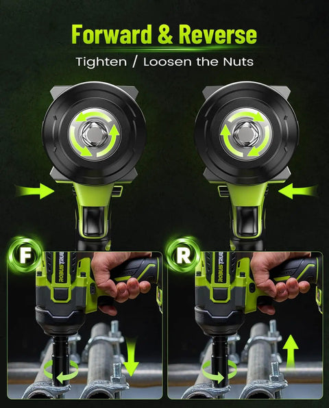 Beefy Cordless Impact Wrench 2000Nm Brushless High Torque One Half Inch Drive demonstrating forward and reverse functions.