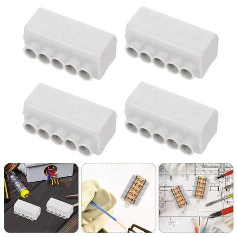 4 Pack Electrical Connector Block Quick Connectors For Wiring Space Saving Design For Cabinets And Industrial Use 80A Overheating Prevention Fast Installation Plug And Play Wiring With Various Wire Gauges, shown from different angles and usage in cabinets.