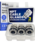 Three Pack One Half Inch NPT Stainless Steel Cable Glands With KableLock NPT 304 Stainless Cord Grip Strain Relief Adjustable Locknut IP68 Waterproof Gland Protectors For Industrial Machinery Outdoor Use