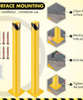 Surface mounting instructions for Four Pack Of 48 Inch Removable Steel Safety Bollards Built Like A Tank For Forklift Protection And Parking Barrier Security With Bright Yellow High Vis Stripes And No Sweat Setup.