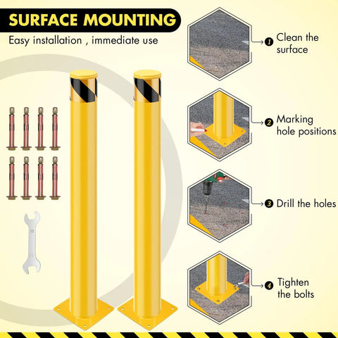 Surface mounting instructions for Four Pack Of 48 Inch Removable Steel Safety Bollards Built Like A Tank For Forklift Protection And Parking Barrier Security With Bright Yellow High Vis Stripes And No Sweat Setup.