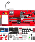 Heavy Duty 7X12 Inch Mini Metal Lathe With 550W Variable Speed Motor And 21Mm Spindle Bore on a red and grey bench with tools.