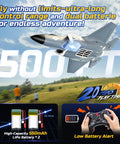 Illustration of F35 4 Channel Brushless RC Plane with 7400KV Motor EDF Ducted Fan, showcasing 500ft range and dual battery info.