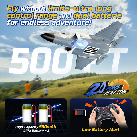 Illustration of F35 4 Channel Brushless RC Plane with 7400KV Motor EDF Ducted Fan, showcasing 500ft range and dual battery info.