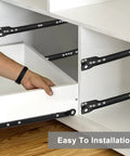Person installing Heavy Duty 12 Inch Metal Drawer Slides Full Extension Ball Bearing Cabinet Rails for dressers and kitchen drawers.