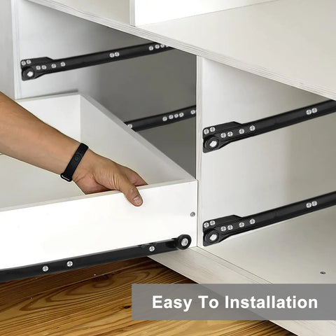 Person installing Heavy Duty 12 Inch Metal Drawer Slides Full Extension Ball Bearing Cabinet Rails for dressers and kitchen drawers.