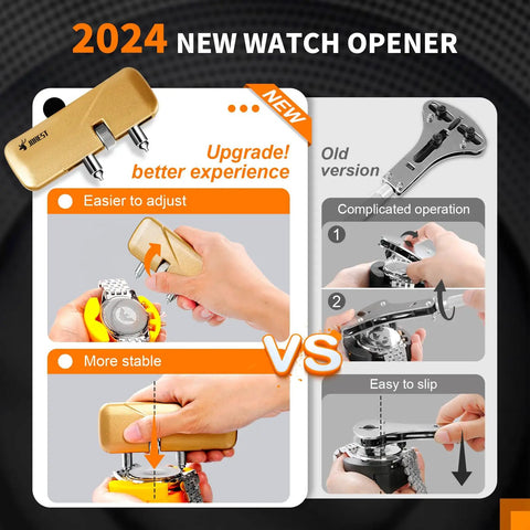 Comparison of new and old watch openers; 2024 opener for All In One Watch Repair Kit Pro Grade Gear showing upgraded ease and stability.