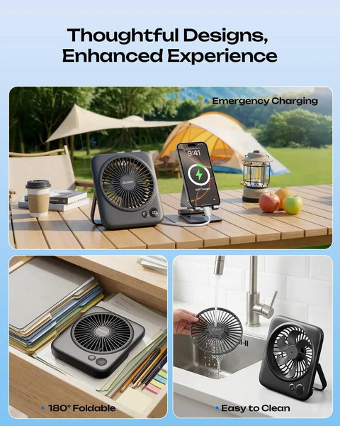 Portable 6.5 Inch Desk Fan With 4000mAh Battery And USB Power Cordless Personal Fan in black, ideal for camping and office use