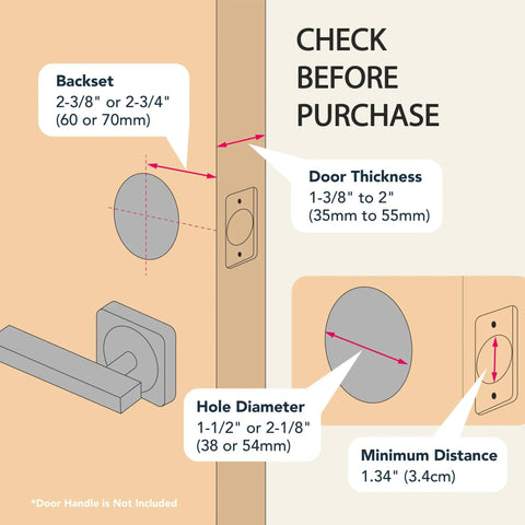 Diagram showing measurements for installing Smart Door Lock With 5 In 1 Keyless Entry Fingerprint Password App Control IC Card And Key Bluetooth Electronic Lock For Front Door Anti Peeping Password And Quick Secure Home Access For Any Front Door Setup.