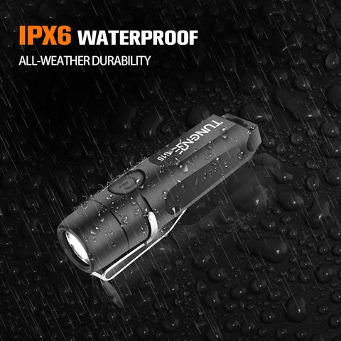 Rechargeable Keychain Flashlight 650 Lumens EDC Pocket Light Tiny Yet Mighty Must Have Camping And Outdoors Fast USB C Charging In 45 Minutes Up To 40 Hours Battery Life Emergency Bright Black with IP66 waterproof design in rain.